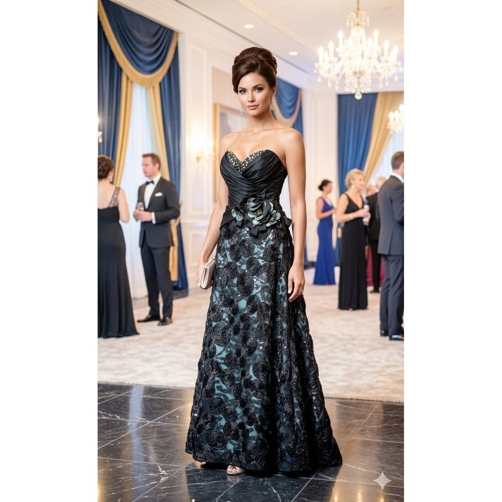 Montage by Mon Cheri Women 6 Black Floral Sequin Lace Ruched Formal Gown Dress